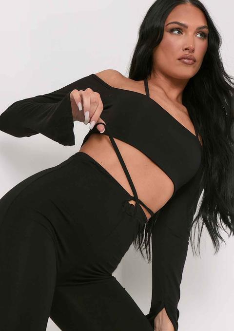 Maura Black Bardot Halterneck Strap Split Sleeve Crop Top