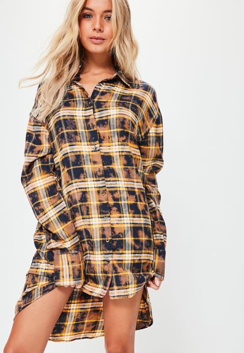 Orange Bleached Check Oversized Shirt Dress