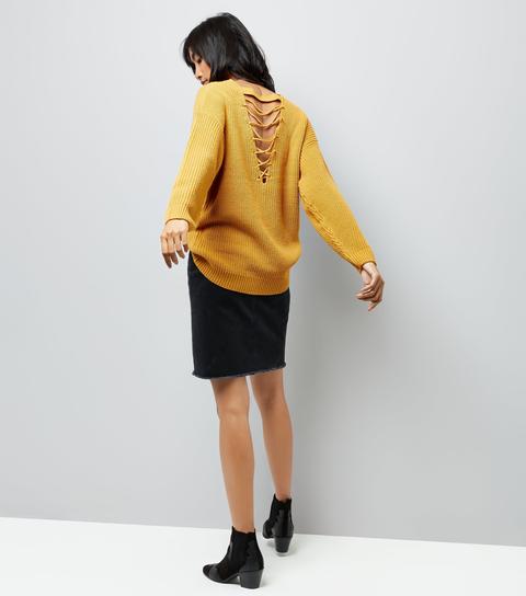 Mustard Lattice Back Ribbed Jumper New Look