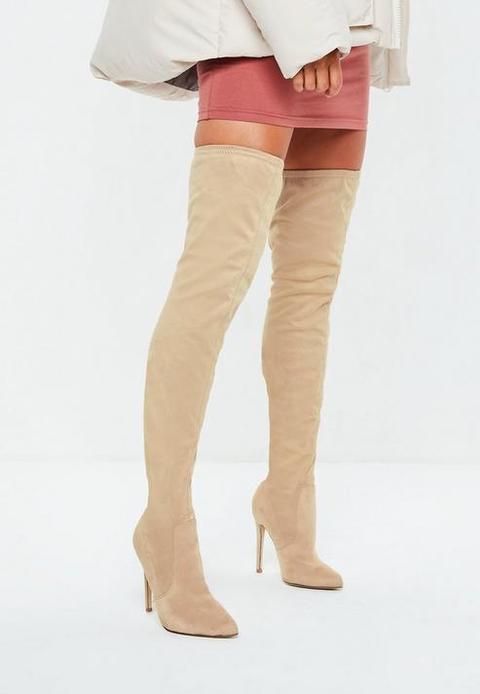 Nude Pointed Over The Knee Faux Suede Boots, Taupe