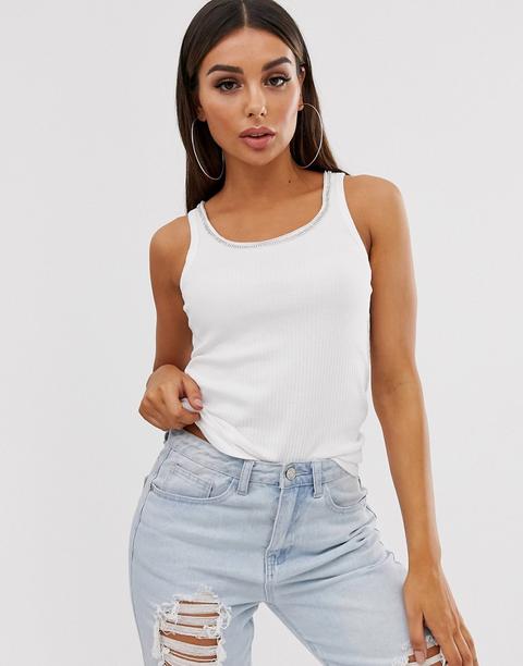 Camiseta Sin Mangas Blanca Con Detalle De Strass De River Island-blanco