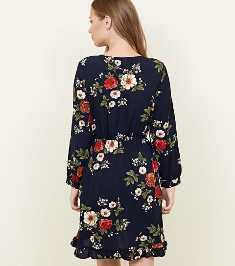 Mela Navy Floral Frill Trim Wrap Dress New Look