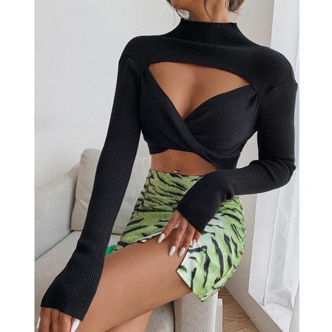 Mock Neck Cut Out Twist Front Crop Jumper