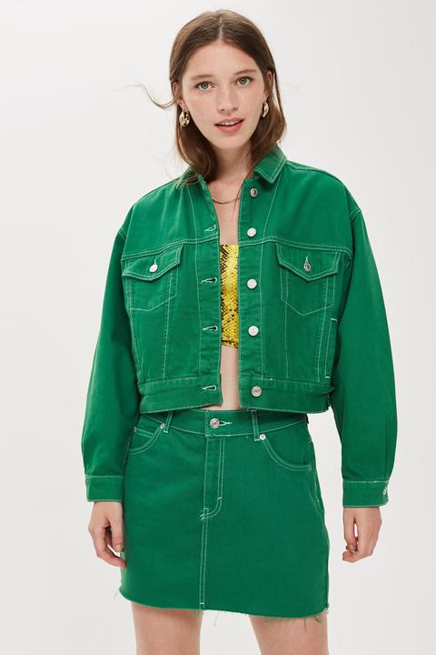 Womens Petite Boxy Denim Jacket - Green, Green