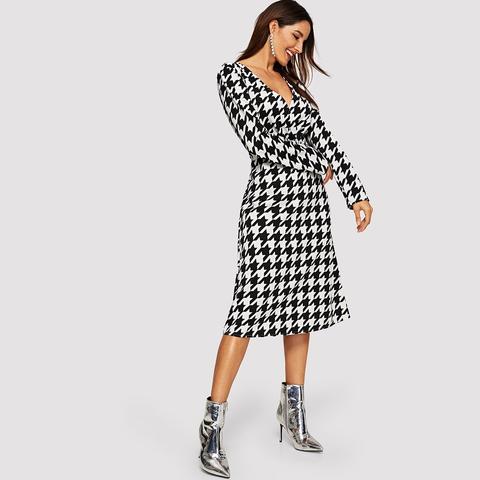 Vestido Con Estampado De Houndstooth De Cuello Cruzado