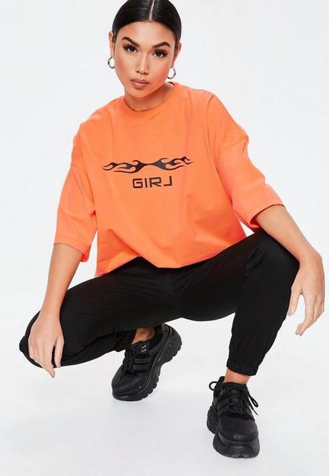 Neon Orange Girl Slogan Oversized T Shirt, Neon Orange