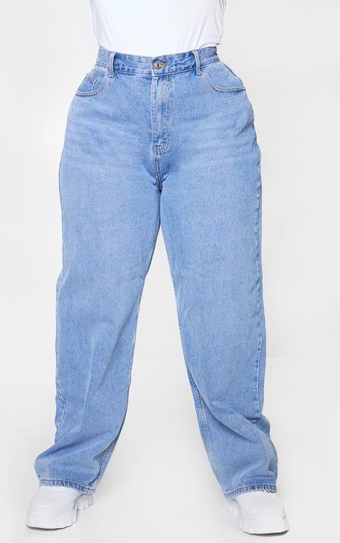 Plus Mid Blue Wash Extreme Bum Split Baggy Boyfriend Jeans