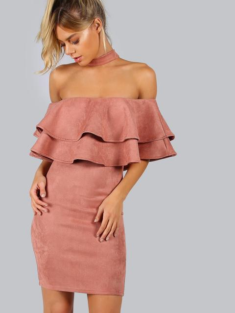 Suede Choker Neck Layered Ruffle Dress