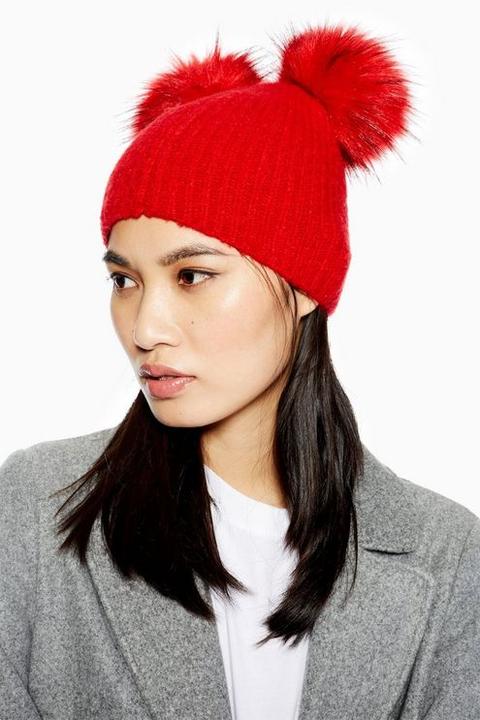 Womens Beanie With Pom Pom - Red, Red