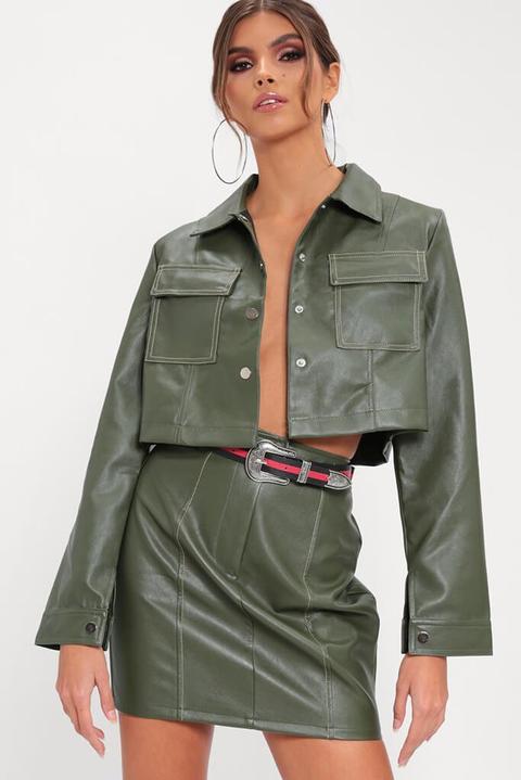 Khaki Faux Leather Contrast Stitch Cropped Jacket