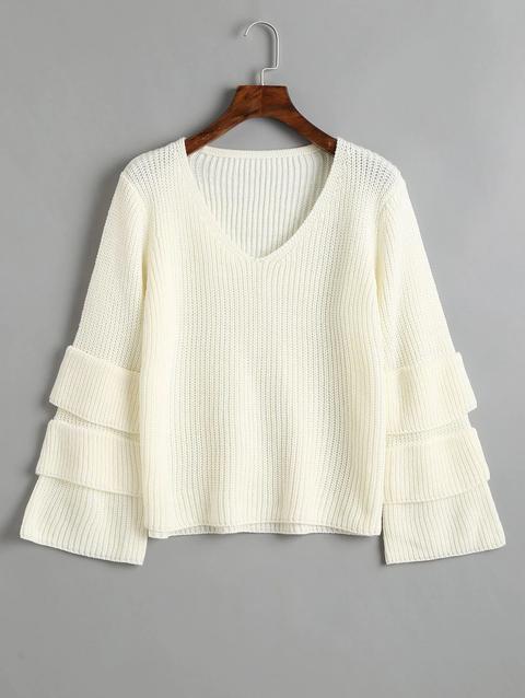 Maglione A Scollo V Con Maniche A Strati White