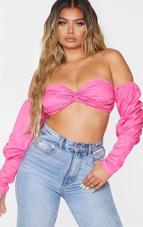 Hot Pink Woven Twist Front Bardot Long Sleeve Crop Top