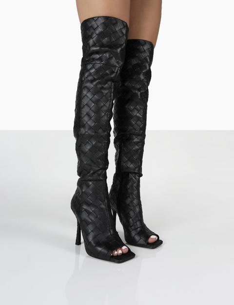 Carlotta Black Open Toe Woven Material Heeled Over The Knee Boots