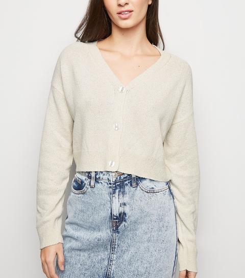 Cream Cropped Knit Cardigan New Look