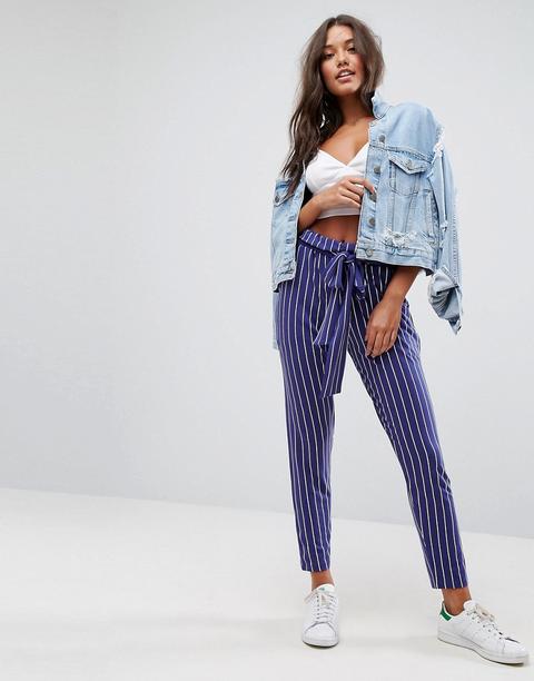 Asos - Pantaloni A Righe Con Pinces E Fiocco Oversize - Navy