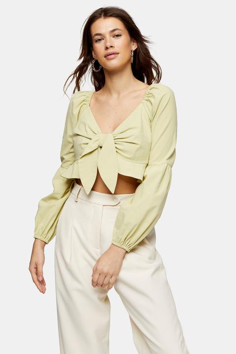 Womens Lime Green Textured Knot Front Frill Blouse - Lime, Lime