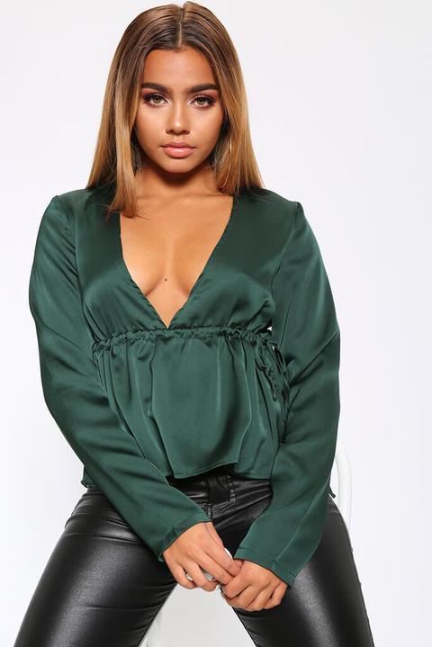 Green Deep Plunge Long Sleeve Shirt