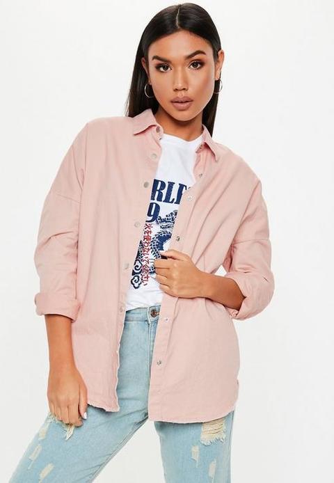 Pink Oversized Washed Denim Shirt, Pink