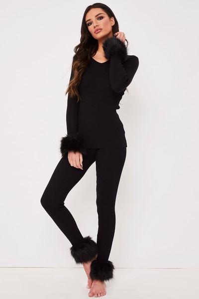 Victoria Black Ribbed Faux Fur Cuffed Loungewear Set