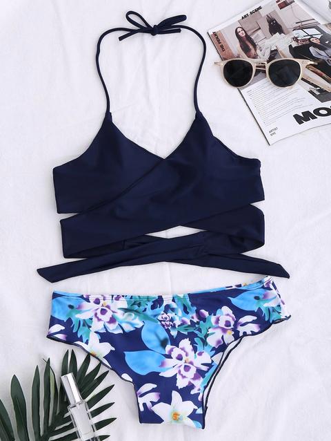 Bikini Stringato Con Pannello Floreale Purplish Blue