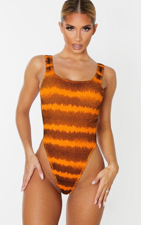 Orange Tie Dye Crinkle High Leg Swimsuit