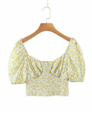 Floral Print Cup Shirred Puff Sleeve Crop Top Yellow