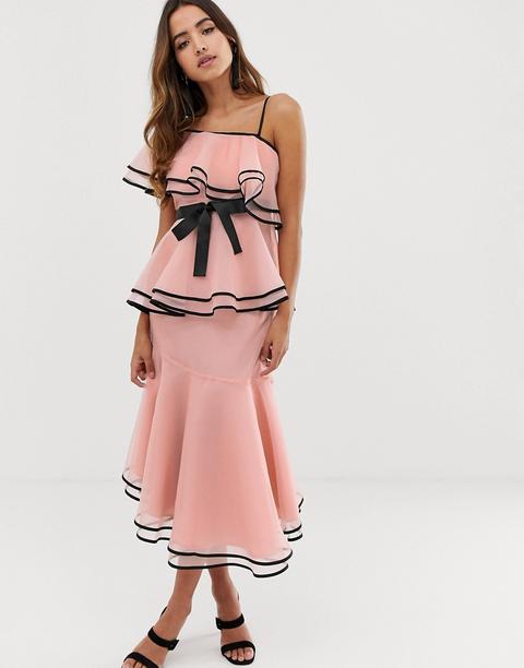 Vestido Rosa Midi De Organza Con Ribetes En Contraste De Forever U