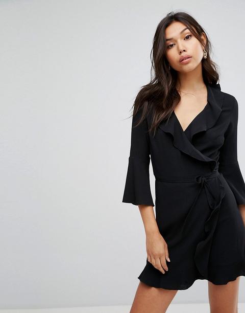 black ruffle wrap dress