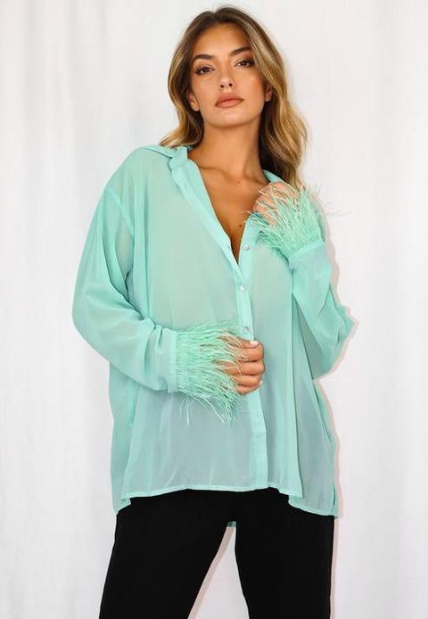 Petite Green Sheer Oversized Feather Cuff Shirt, Green