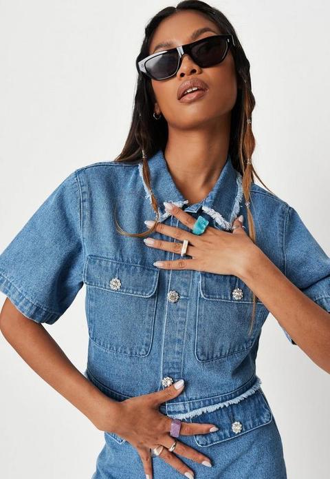 Blue Co Ord Jewel Button Cropped Denim Shirt, Blue