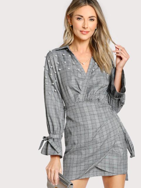 Pearl Detail Bell Cuff Plaid Wrap Dress