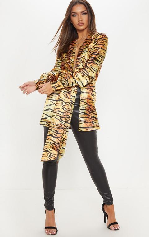 Black Tiger Print Tie Front Longline Blouse