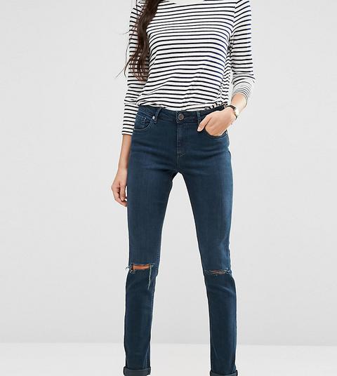 Asos Tall - Kimmi - Boyfriend Jeans Stretti Lavaggio Stone Wash Scuro Grace Con Strappi - Blu