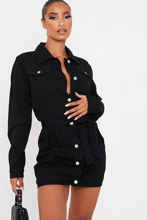 Black Denim Belted Shirt Dress