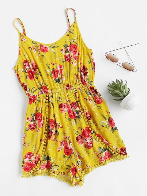 Pom Pom Trim Flower Print Wrap Cami Playsuit