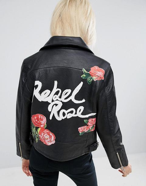 Chaqueta Biker De Cuero En Negro Con Estampado En La Parte Posterior Rebel Rose De Asos