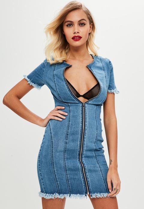 Blue Denim Bodycon Zip Front Dress, Blue