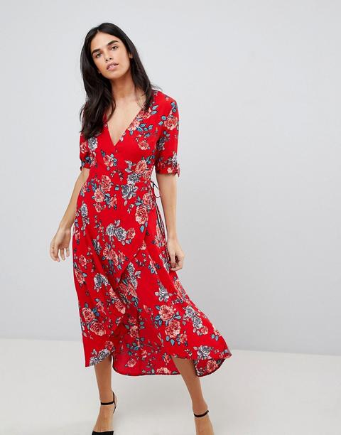 Ax Paris - Vestito Midi A Fiori A Portafoglio - Rosso