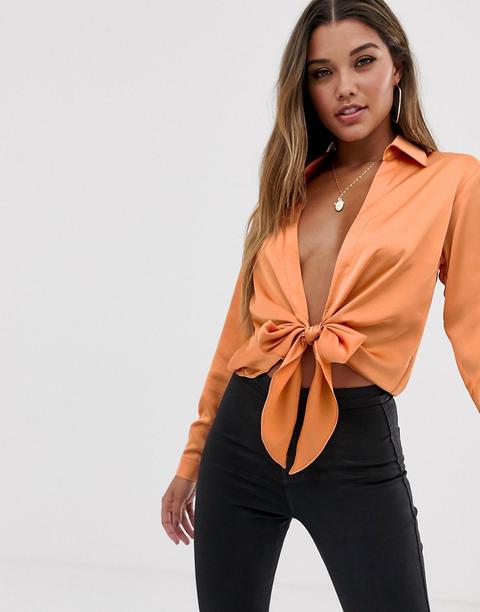 Camisa Muy Escotada De Manga Larga Con Parte Delantera Anudada De Asos Design-tostado