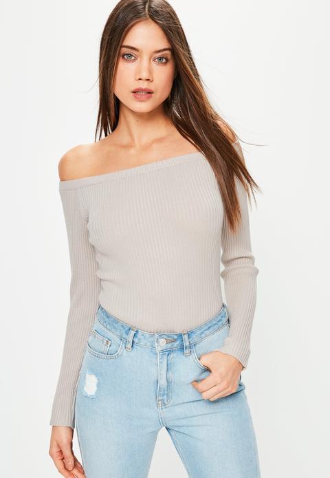 Grey Long Sleeve Ribbed Bardot Knitted Bodysuit