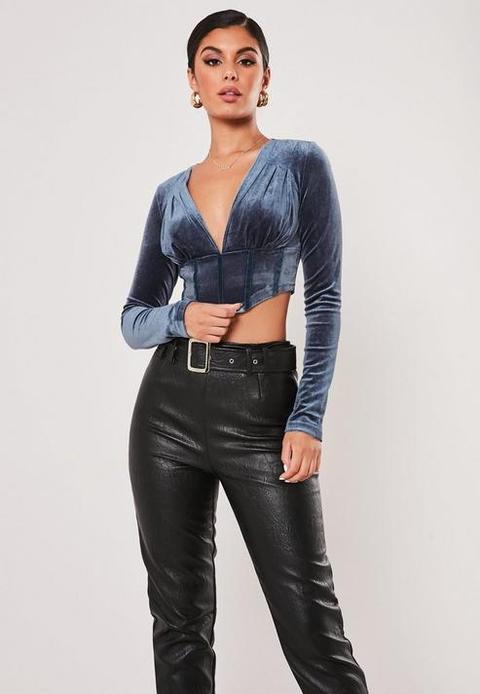 Blue Velvet Plunge Corset Top, Blue