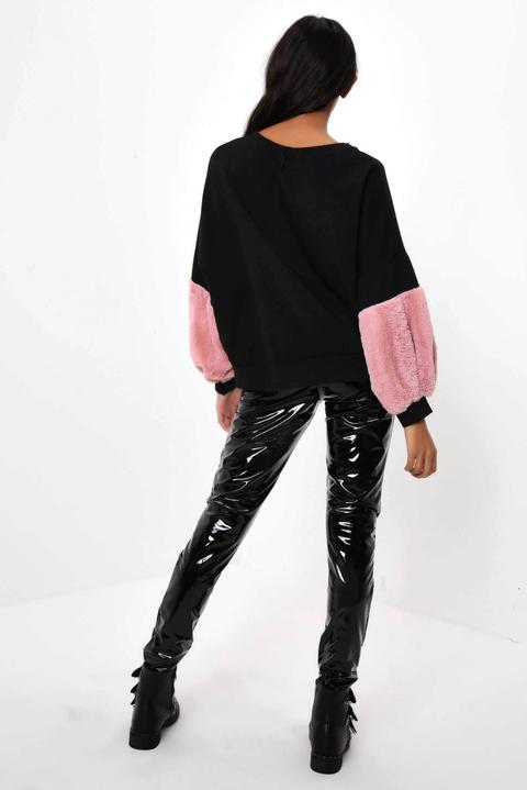 Black Faux Fur Sleeve Cotton Sweatshirt