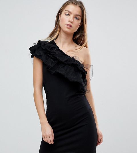 Noisy May Petite One Shoulder Ruffle Bodycon Mini Dress In Black