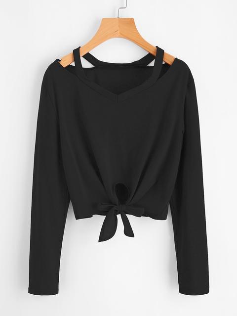 Cut Out V Neckline Knot Front Tee