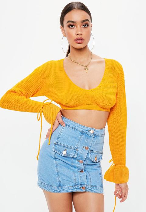 Yellow Plunge Flare Sleeve Cropped Jumper, Yellow