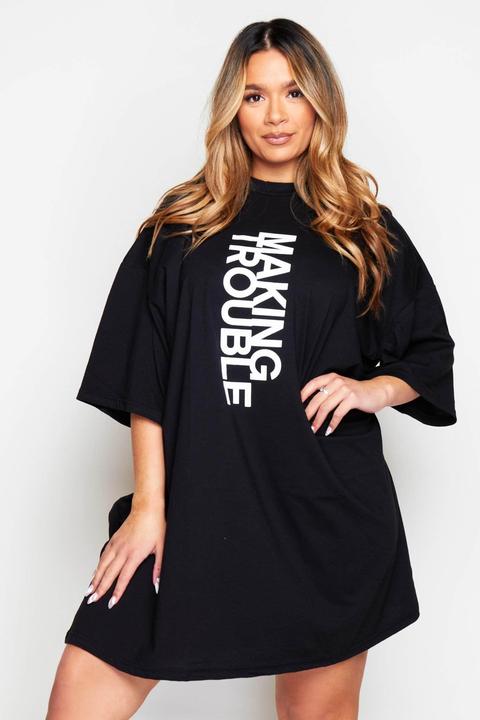 Black Oversized "making Trouble" T.shirt Dress