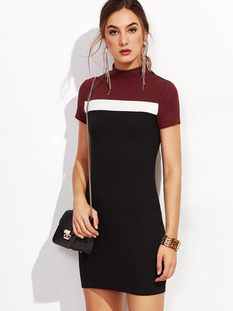 Color Block Mock Neck Ribbed Bodycon Dress