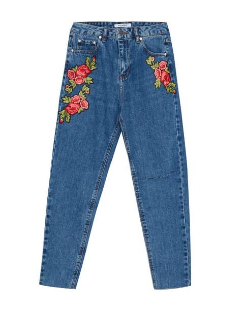 Jeans Mom Fit Parche Rosas