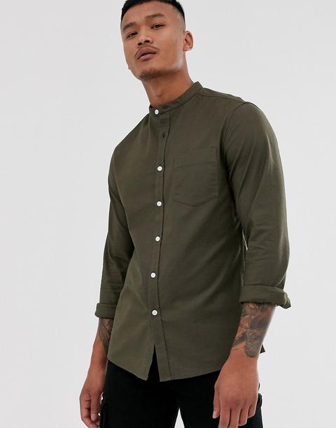 Camisa Oxford Estilo Casual Ajustada En Caqui Con Cuello Henley De Asos Design