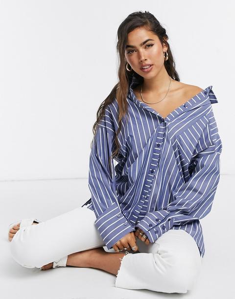 Asos Design Long Sleeve Oversized Dad Shirt In Cotton In Navy Stripe-multi